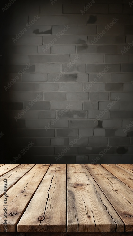 Poster old wood table with blurred concrete block wall in dark room background