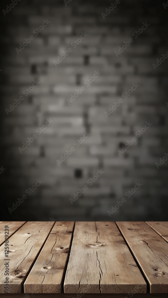 Poster old wood table with blurred concrete block wall in dark room background