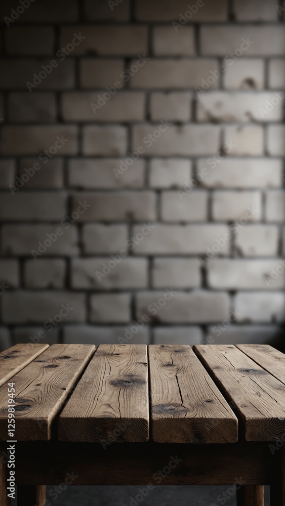 Poster old wood table with blurred concrete block wall in dark room background