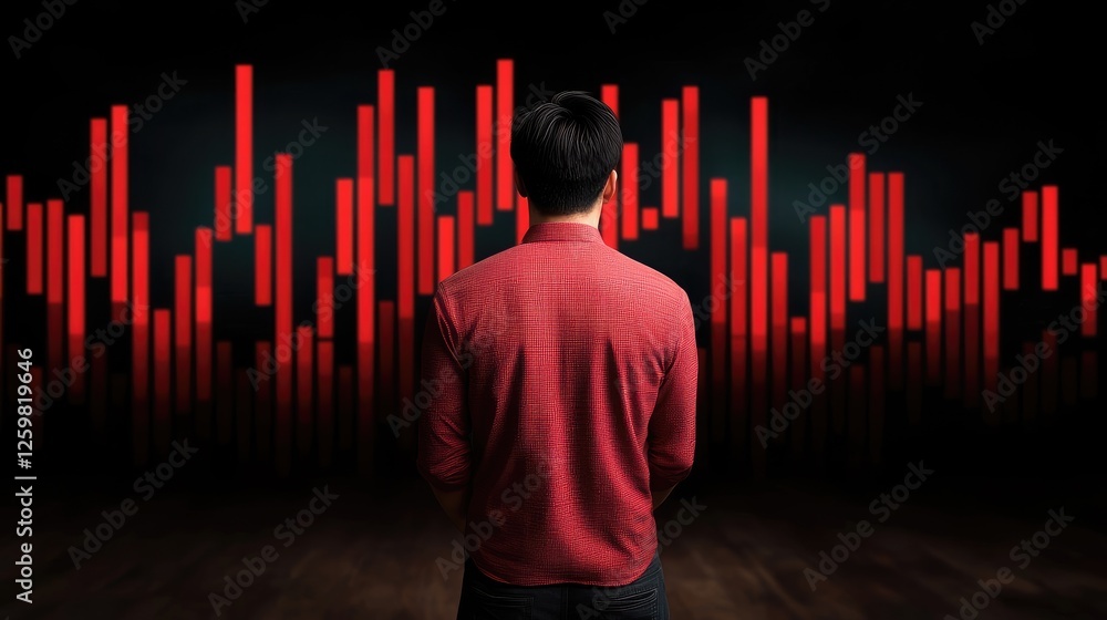 Poster a person stands facing a vibrant red data visualization, suggesting analysis or engagement with metr