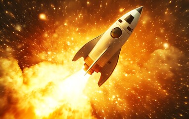 Space rocket blasting upward, yellow background, digital art, sharp focus, realistic textures, dynamic lighting