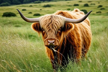 there is a long horned cow standing in a field of tall grass