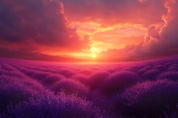 Sunset over lavender field, purple hues, peaceful landscape, nature background