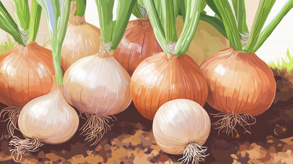 Vibrant Illustration of Onions Growing in a Garden, Showcasing Fresh Organic Vegetables with Lush Green Leaves.