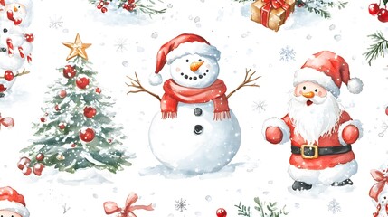 Watercolor festive christmas pattern featuring santa snowman and tree