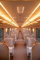 Fototapeta premium Train Interior with Empty Seats on Rails for Commute, Public Transport, Travel
