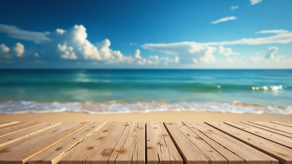 Fototapeta premium Wooden floor or plank on sand beach in summer. For product display. Calm Sea and Blue Sky Background