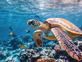 Obraz premium Majestic Sea Turtle Swimming Gracefully in Vibrant Coral Reef