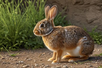 there is a rabbit sitting on the ground in the dirt