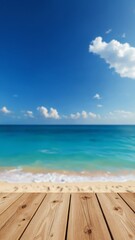 Fototapeta premium Wooden floor or plank on sand beach in summer. For product display. Calm Sea and Blue Sky Background