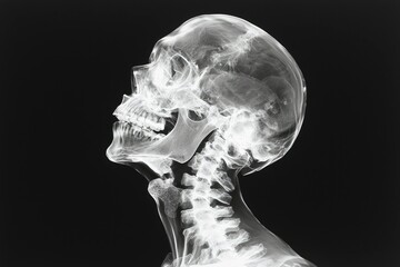 X-ray view of head, neck and spine for medical usage on a dark background