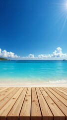 Fototapeta premium Wooden floor or plank on sand beach in summer. For product display. Calm Sea and Blue Sky Background