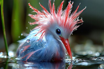 A Exotically - Plumed Bird Bathing in Water 