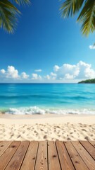 Fototapeta premium Wooden floor or plank on sand beach in summer. For product display. Calm Sea and Blue Sky Background
