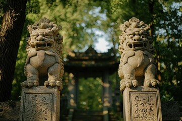 Obraz premium Stone lion guardians flank steps to entrance, framed by trees. Tourist travel