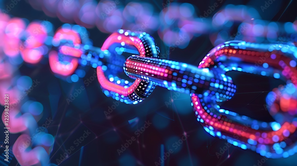 Poster close-up of a glowing digital chain, symbolizing blockchain technology and its secure network.