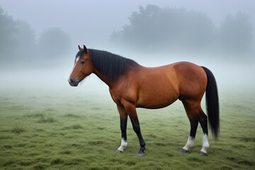 Obraz premium there is a horse standing in a field with fog in the background