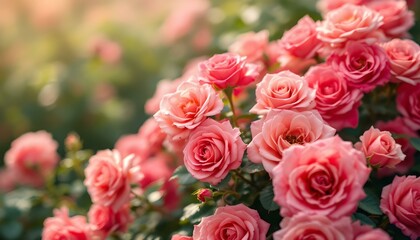 Obraz premium Pink roses full background. Sweet color roses flowers in pastel tone background. Sweet color flower petals in soft color background, flowers background, pink flowers background, generated with ai