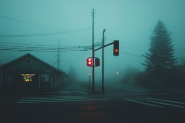 Foggy Intersection Red lights glow on a dark street corner in the misty city