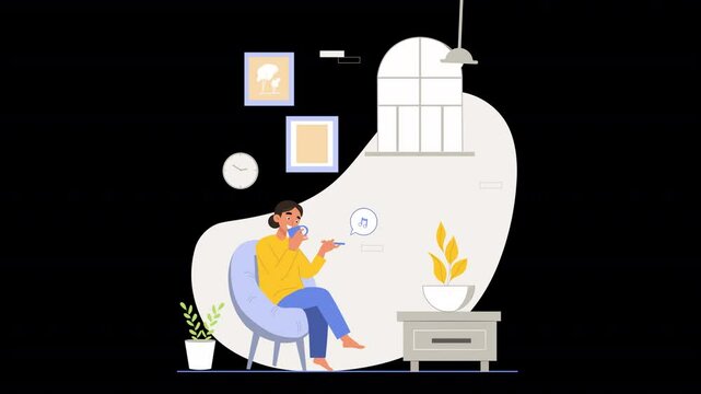 A 2D flat character animation scene capturing the essence of relaxation and leisure in a home setting.