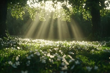 Sunny spring forest with white flowers, morning light for nature background