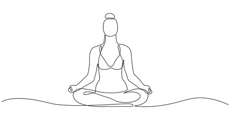 Woman Lotus Yoga Pose Line Art Drawing. Female Yoga Relax Sketch Linear Drawing. Abstract Minimal Female Meditation Silhouette Vector Illustration. Lotus Pose Trendy Contour Drawing