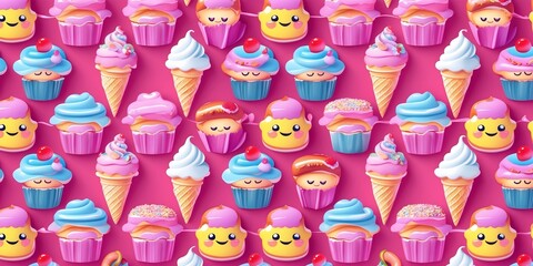 Adorable Cartoon Dessert Icons Repeat Pattern, Showcasing Smiling Cupcakes and Ice Cream Cones on a Pink Surface, Best Suited for Children's Party Invitations or Lively Dessert Menu Background Designs