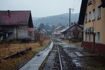 Obraz premium Abandoned train tracks splitting through forgotten village in front of a cloudy hill