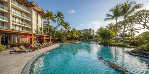 Luxurious Hotel Swimming Pool with Scenic Views and Modern Architecture, Ideal for Relaxation and Leisure in a Tropical Destination
