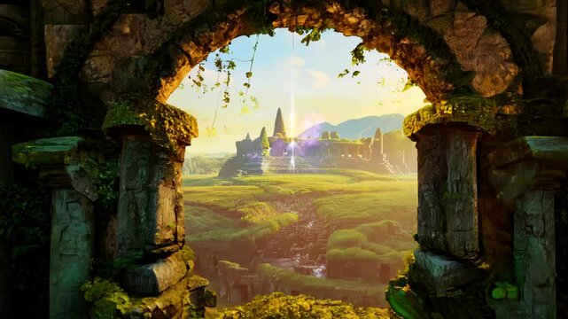 Ancient Stone Archway Leading to a Mystical Hidden Valley