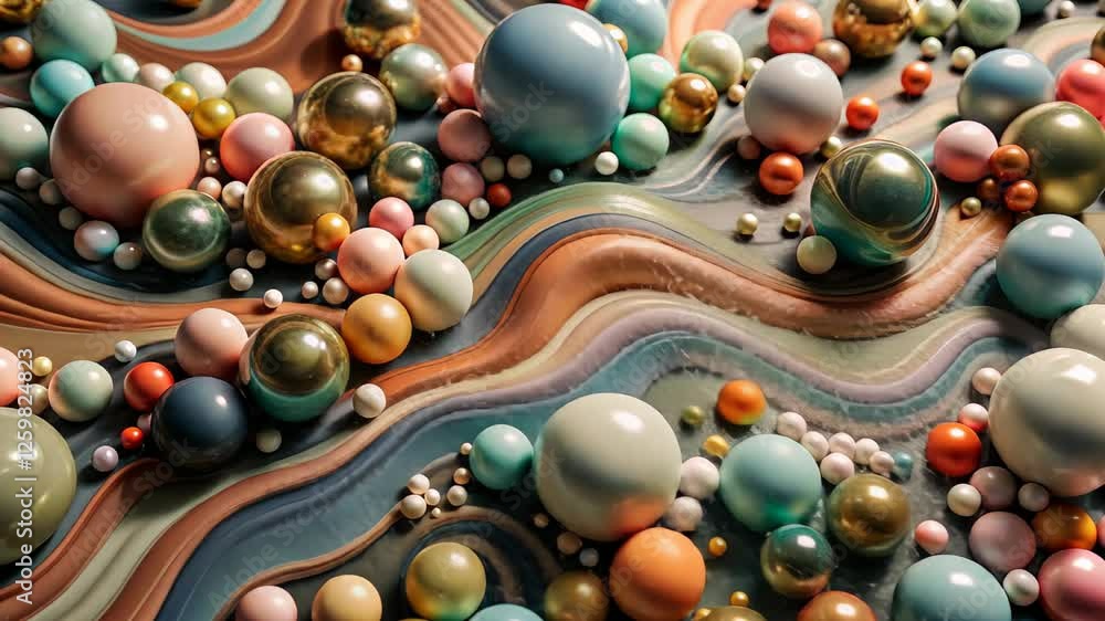 Aufkleber engaging exploration of vibrant colorful spheres flowing across a wavy surface in an artistic displa