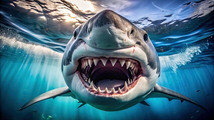 Obraz premium Macro Great White Shark Photography: Close-Up Jaws, Teeth, Skin Texture, Ocean Predator, Wildlife, Marine Life, Underwater World