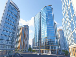 Obraz premium Modern cityscape, sunny day, urban buildings, cars