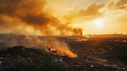 Fototapeta premium Burning Landfill at Sunset: Environmental Disaster