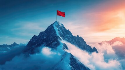 Minimalist Mountain Peak Achievement with Path to Success and Red Flag on Summit Under Sky