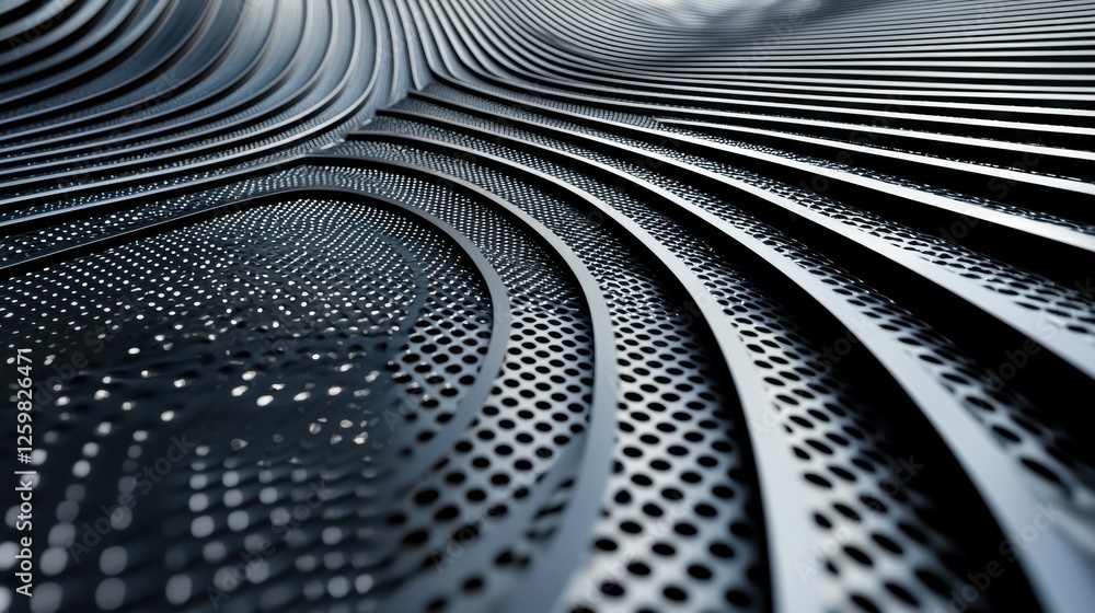Poster captivating abstract metallic curves and geometric patterns in monochrome digital artwork