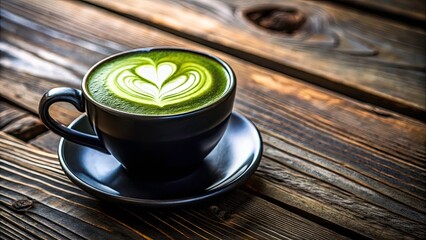 Matcha Latte Art Heart, Black Cup, Wooden Table, High Depth of Field, Green Tea Drink Photography