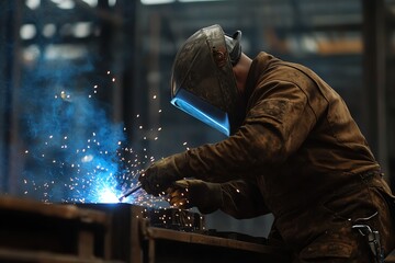 A young welder in a brown uniform and protective gear skillfully operates an arc welding machine at a bustling construction site. Bright blue sparks fly dramatically to the sides, captured in stunning