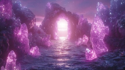 Mystical astral gateway surrounded by crystalline patterns and shimmering energy waves