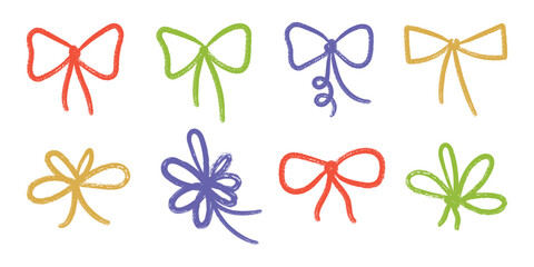 Coquette crayon bow set. Color chalk brush ribbons. Hand drawn lines bowknots for girly, birthday, gift, wedding. Cute elegant Isolated vector illustration.