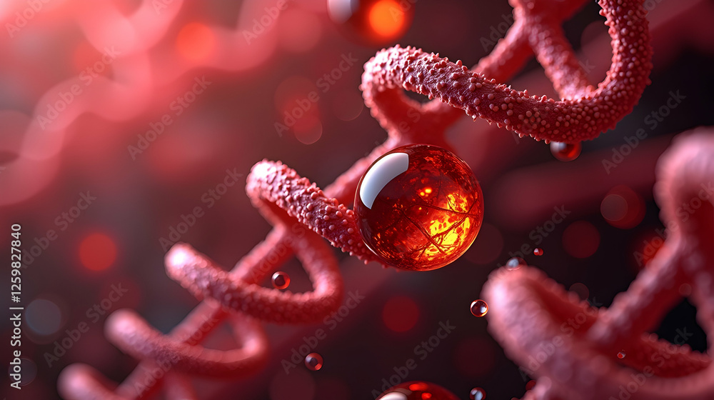 Poster intricate helix structure with glowing sphere; vibrant red tones and bokeh background. cellular deta