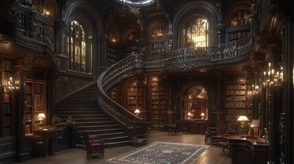 Elegant vintage library with grand staircase and ornate decor