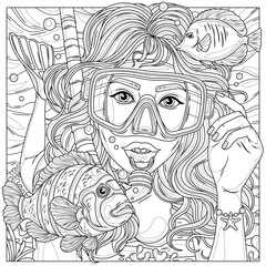 Girl snorkeling among tropical fish  in the frame .Coloring book antistress for children and adults.