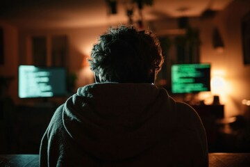 Coder at night working, coding, hacking on multiple displays in dimmed room