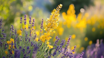 Obraz premium Lavender and Yellow Wildflowers in a Summer Meadow