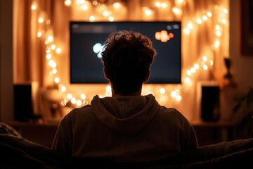 Fototapeta premium Man watches TV at home with fairy lights for relaxing evening indoor activity