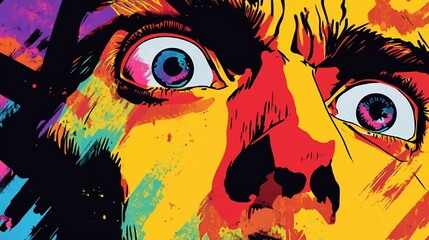 Close-up of a vibrant, expressive face depicting fear and shock with wide eyes and intense expression in a colorful, abstract style.