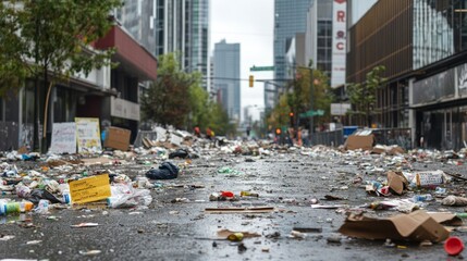 Urban Waste Crisis: City Street Covered in Trash