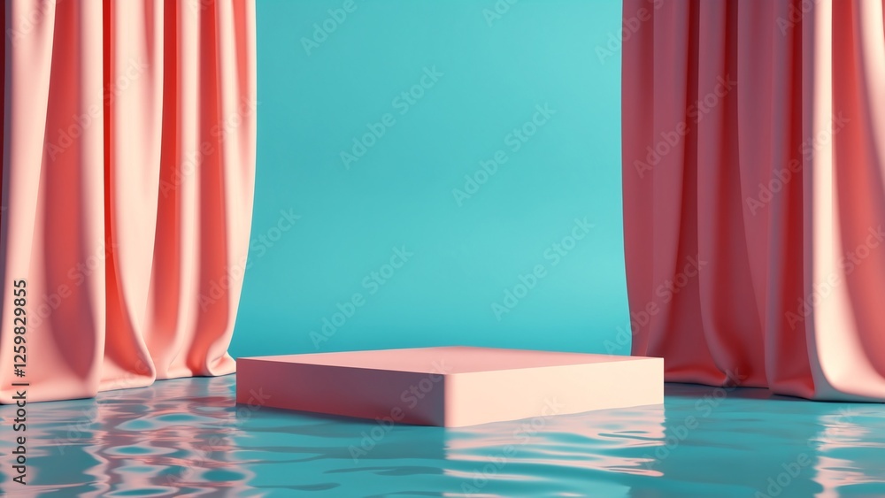 Poster 3d render abstract platform podium on water and waving curtains. Realistic pastel mock-up for products promotion. Abstract modern minimal background with empty podium