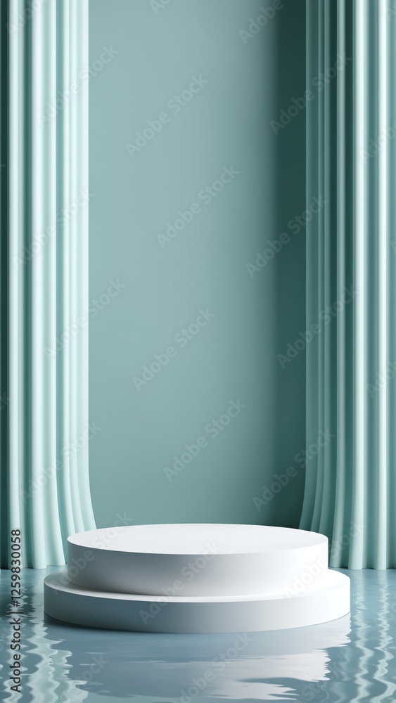 Poster 3d render abstract platform podium on water and waving curtains. Realistic pastel mock-up for products promotion. Abstract modern minimal background with empty podium